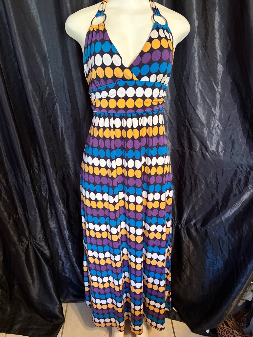 Body Central Halter Maxi Dress in Blue, Purple, Yellow & White